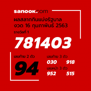 ผลสลากกินแบ่งรัฐบาล: รางวัลที่ 1 งวด 16 กุมภาพันธ์ 2563 ...